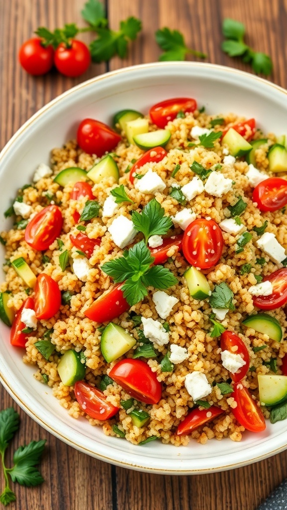Mediterranean Quinoa Salad Recipe A vibrant Mediterranean quinoa salad with tomatoes, cucumbers, parsley, and feta cheese in a bowl on a wooden table.